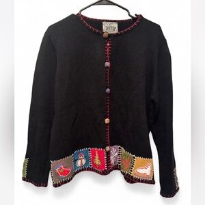 Vintage Curio Black Patchwork Christmas Cardigan Sweater